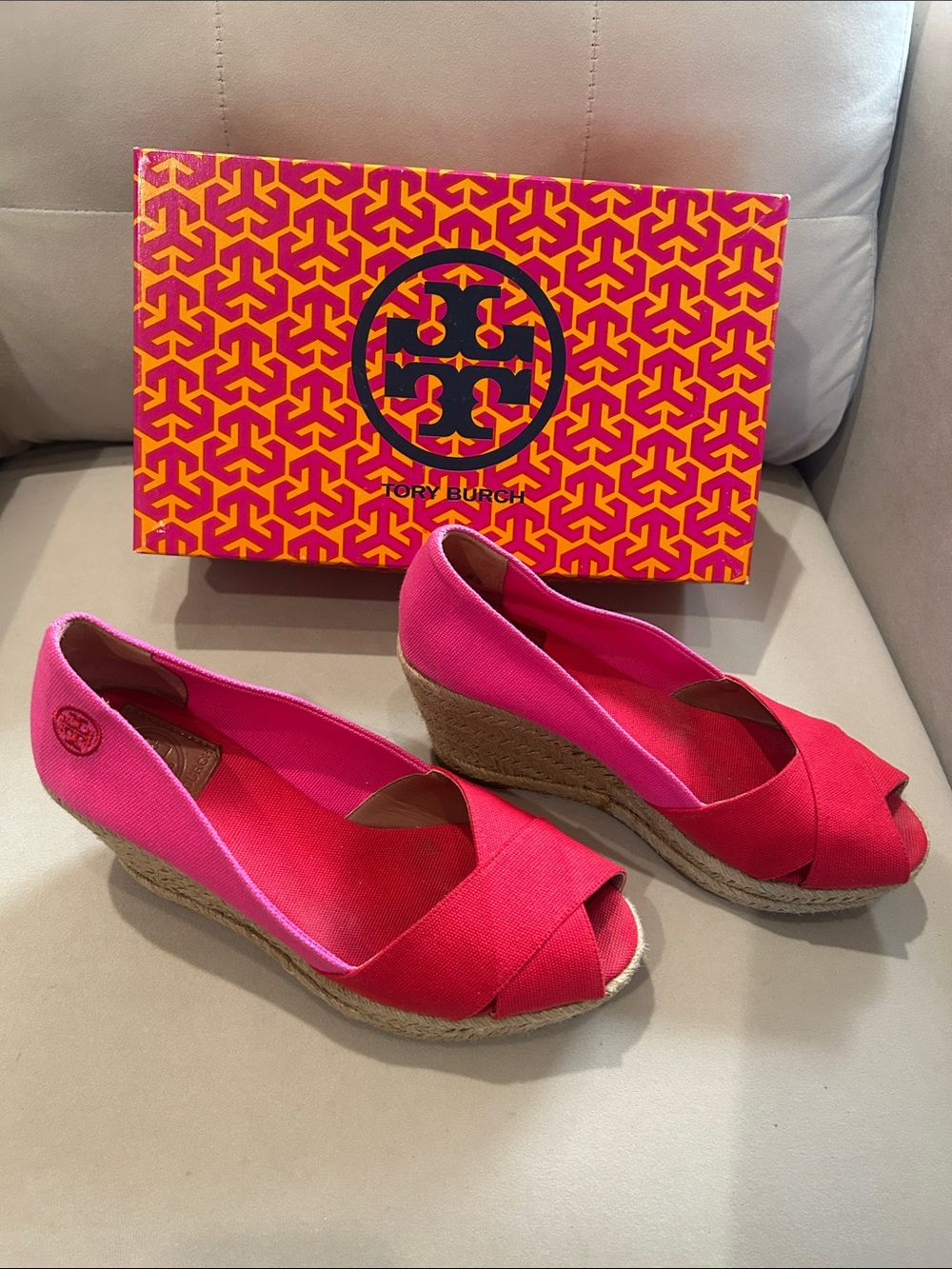 Tory Burch Two-Tone Pink and Red Canvas Wedge Espadrille